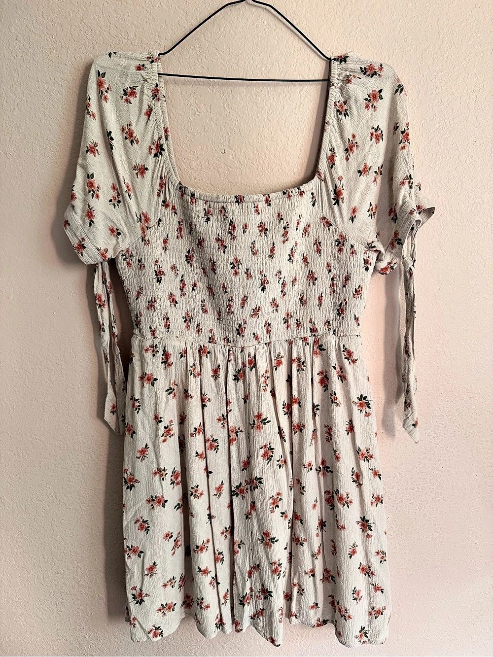 American Eagle Floral Smocked Mini Dress in White & Pink